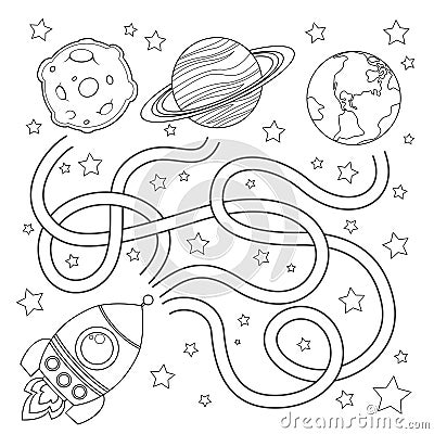 Help rocket find path to Earth. Labyrinth. Maze game for kids. Black and white illustration for coloring book Vector Illustration